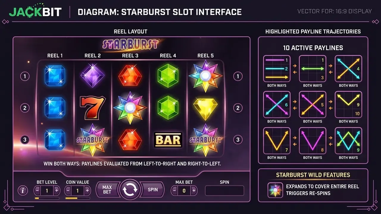 Starburst Slot grid layout, 10 fixed paylines and Win Both Ways directions